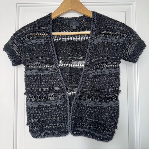 Banana Republic Black Open-Knit Shortsleeved Sweater Cardigan, wool silk, XS - Picture 2 of 10